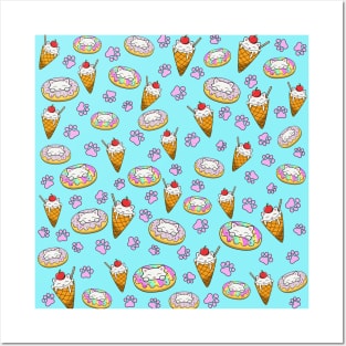 Cat eating donut pattern Posters and Art